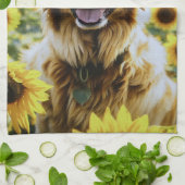 ひまわり畑のゴールデンレトリバー キッチンタオル (折り畳み)