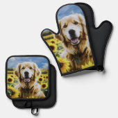 ひまわり畑のゴールデンレトリバー 鍋つかみ&鍋敷きセット (正面/裏面)