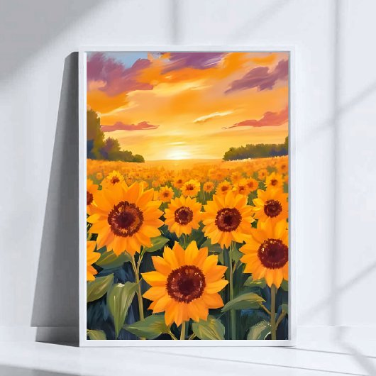 ひまわり畑の夕焼け風景画 ポスター
