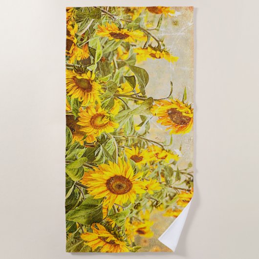 ひまわり畑イエローグリーン素朴ヴィンテージ ビーチタオル (正面)