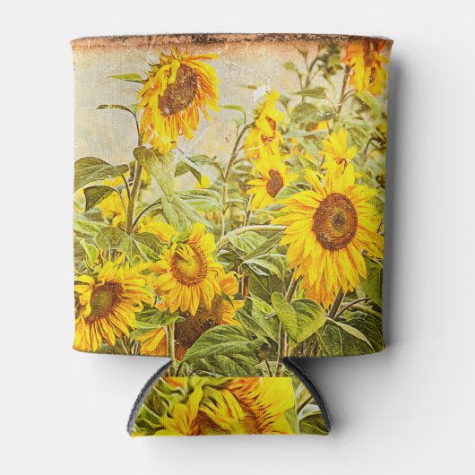 ひまわり畑ヴィンテージサマーグリーンイエロー素朴 缶クーラー (正面)