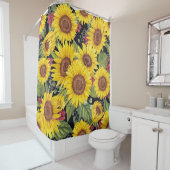 ひまわり畑：水色の黒い背景 シャワーカーテン (インサイチュ)