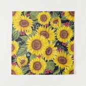 ひまわり畑:水色の黒い背景 タペストリー (正面(横))