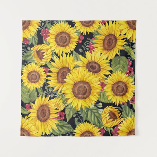 ひまわり畑:水色の黒い背景 タペストリー (正面)