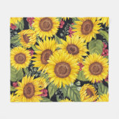 ひまわり畑:水色の黒い背景 フリースブランケット (正面(横))