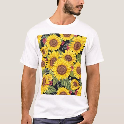 ひまわり畑:水色の黒い背景 Tシャツ (正面)