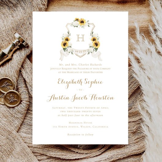 ひまわり白あじさい緑結婚の紋 招待状