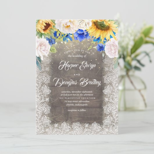 ひまわり白と青の素朴秋の結婚式 招待状 (スタンド正面)