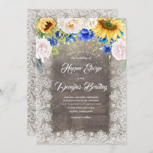 ひまわり白と青の素朴秋の結婚式 招待状 (正面/裏面)