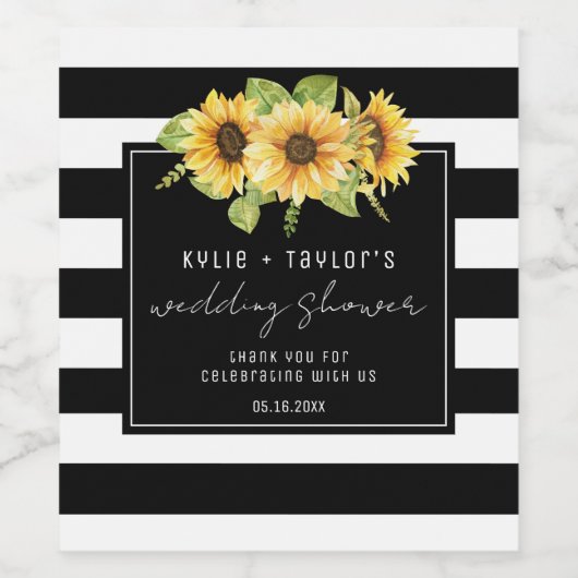 ひまわり白黒ストライプジョイントウェディングシャワー ワインラベル (シングルラベル)