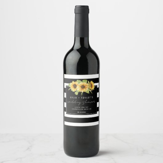 ひまわり白黒ストライプジョイントウェディングシャワー ワインラベル (正面)