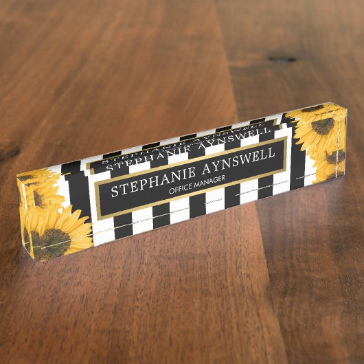 ひまわり白黒ストライプ金ゴールドパーソナライズされた デスクネームプレート (側面)