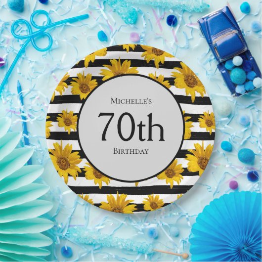 ひまわり白黒ストライプ70誕生日 ペーパープレート (パーティー)