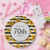 ひまわり白黒ストライプ70誕生日 ペーパープレート (パーティー)