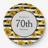 ひまわり白黒ストライプ70誕生日 ペーパープレート (正面)