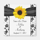 ひまわり白黒ダマスクウェディング日付を保存 マグネット (正面)