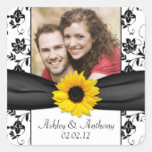 ひまわり白黒ダマスク結婚写真 スクエアシール (正面)