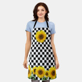 ひまわり白黒チェック板パターン エプロン (着用した状態)