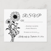 ひまわり白黒フローラウェディングRSVP インビテーションポストカード (正面)