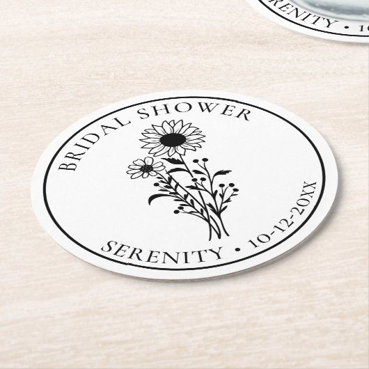 ひまわり白黒フローラブライダルシャワー ラウンドペーパーコースター (アングル)