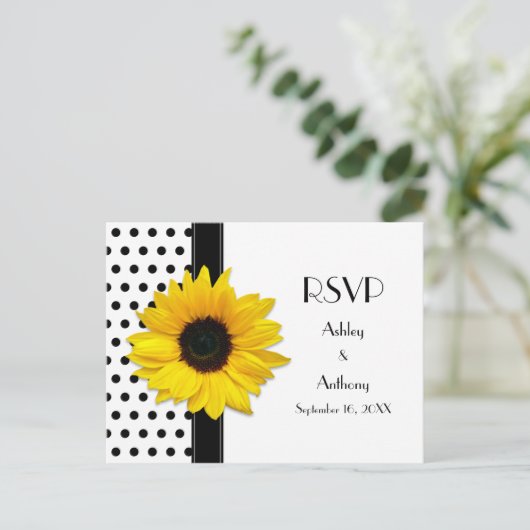 ひまわり白黒水玉模様RSVPはがき インビテーションポストカード (スタンド正面)