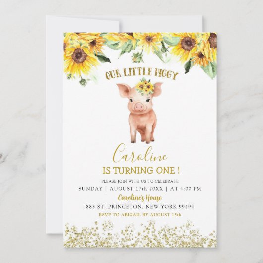 ひまわり私たちの小さな豚ターニングワン誕生日 招待状 (正面)