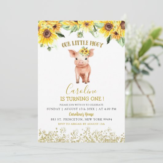 ひまわり私たちの小さな豚ターニングワン誕生日 招待状 (スタンド正面)