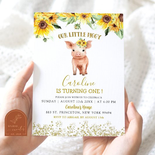 ひまわり私たちの小さな豚ターニングワン誕生日 招待状