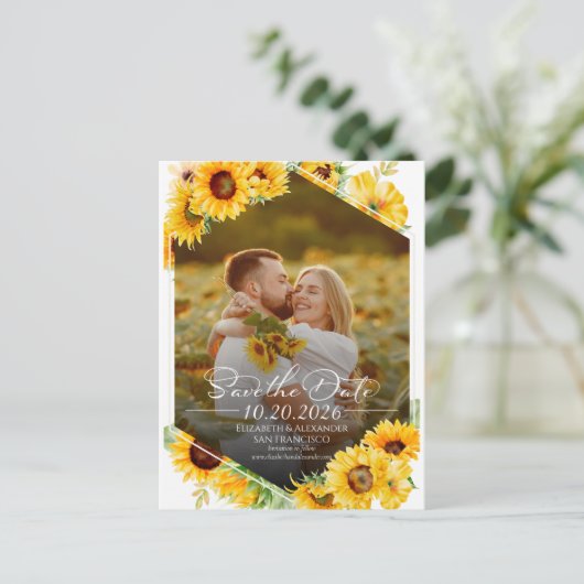 ひまわり秋の秋写真の結婚式の日付を保存 ポストカード (スタンド正面)