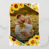 ひまわり秋写真結婚式の日付を保存実在する 箔招待状 (正面)