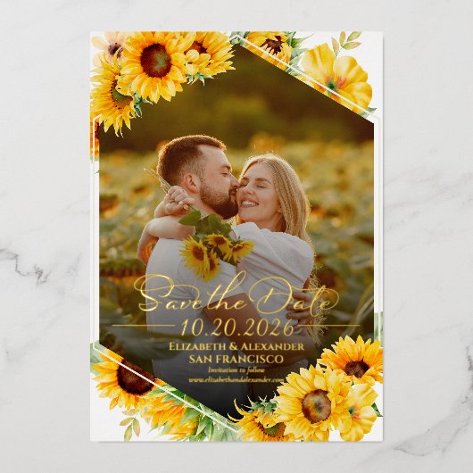 ひまわり秋写真結婚式の日付を保存実在する 箔招待状 (正面)