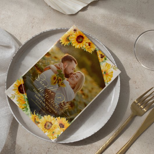 ひまわり秋写真結婚式の日付を保存実在する 箔招待状