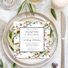 ひまわり秋水彩花模様パタ結婚ーン 招待状