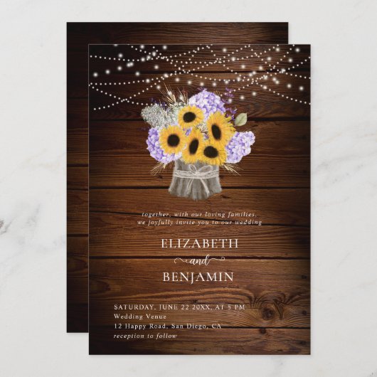 ひまわり素朴あじさいウッドフローラズ結婚 招待状 (正面/裏面)