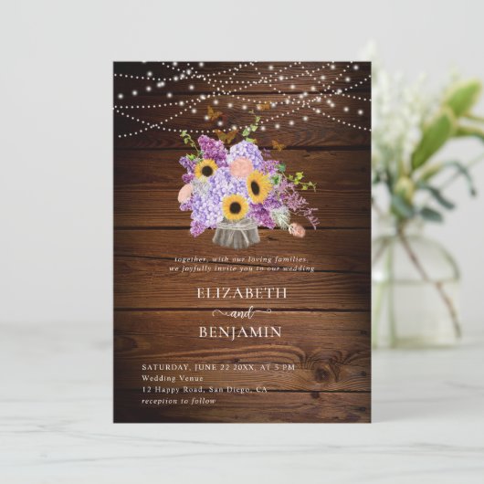ひまわり素朴あじさい薄紫ウッドシック結婚ズ 招待状 (スタンド正面)