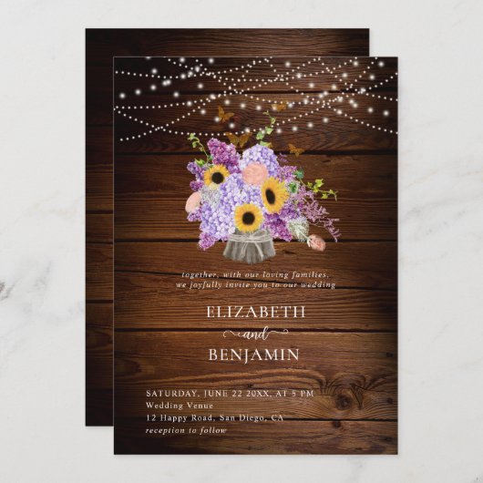 ひまわり素朴あじさい薄紫ウッドシック結婚ズ 招待状 (正面/裏面)