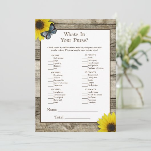 ひまわり素朴あなたの財布の赤ちゃんシャワーの中にあるものを 招待状 (スタンド正面)