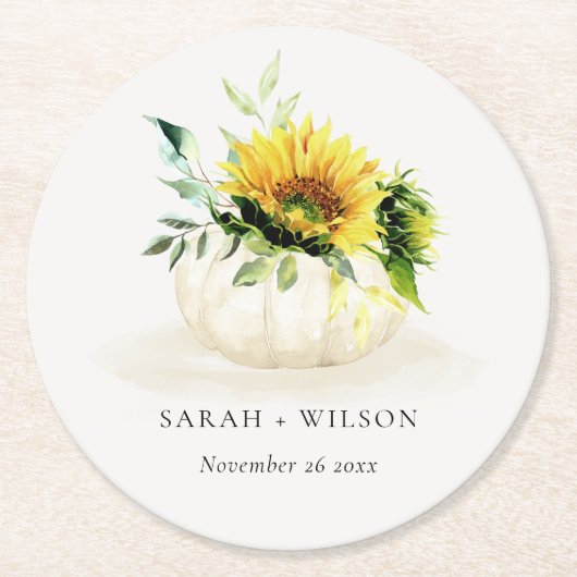 ひまわり素朴かぼちゃのフローラ水色結婚の ラウンドペーパーコースター (正面)