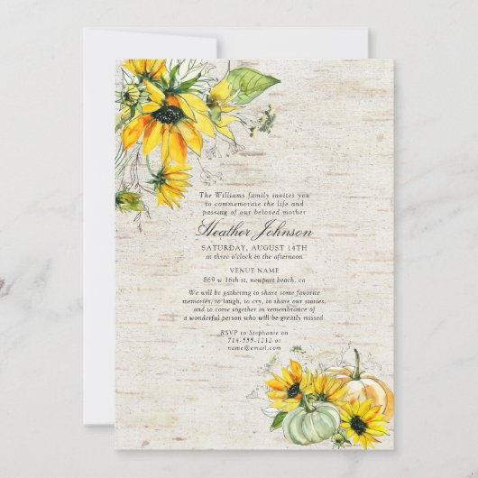 ひまわり素朴かぼちゃ水彩樺の木葬儀 招待状 (正面)