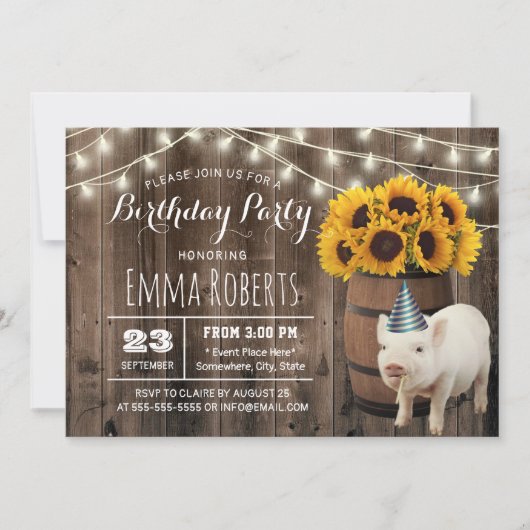 ひまわり素朴かわいい豚ファーム誕生日パーティー 招待状 (正面)