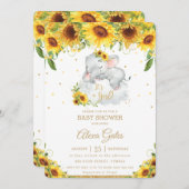 ひまわり素朴かわいい象の赤ちゃんシャワーガール 招待状 (正面/裏面)