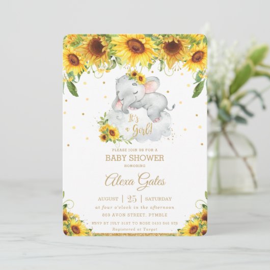 ひまわり素朴かわいい象の赤ちゃんシャワーガール 招待状 (スタンド正面)