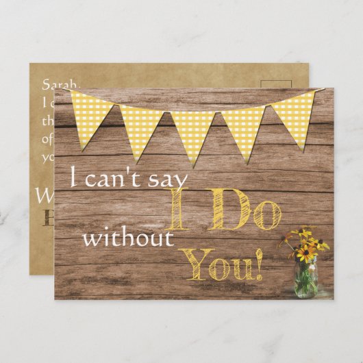 ひまわり素朴とギンガムの花嫁の招待 インビテーションポストカード (正面/裏面)