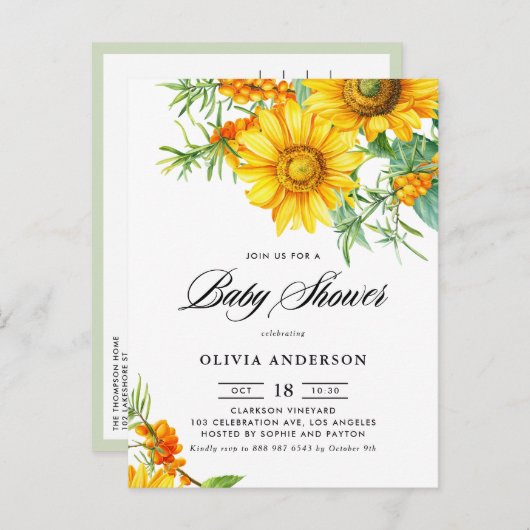 ひまわり素朴とシーバックトーンベビーシャワー インビテーションポストカード (正面/裏面)