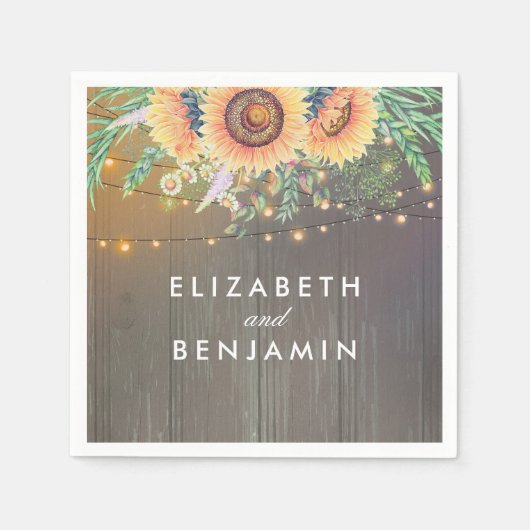 ひまわり素朴とストリングライトウッドバーン スタンダードカクテルナプキン (正面)