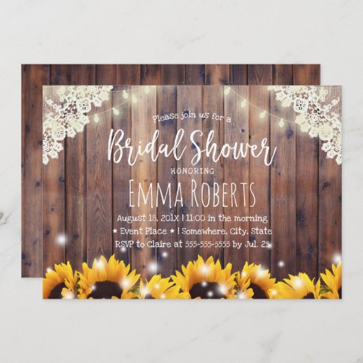 ひまわり素朴とストリングライトブライダルシャワー 招待状 (正面/裏面)