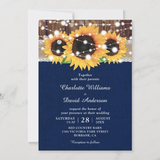 ひまわり素朴とネイビーブルーの結婚式招待状 招待状 (正面)