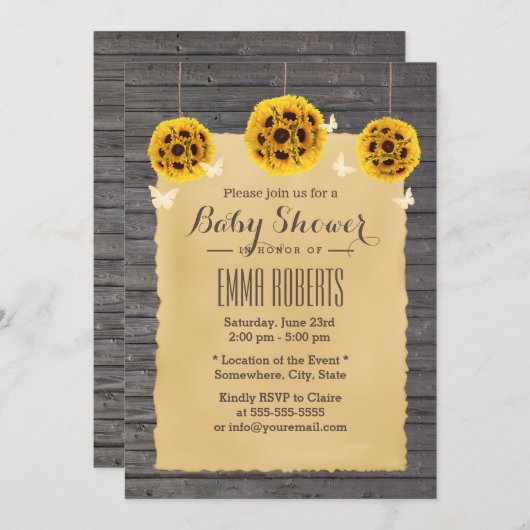 ひまわり素朴とバタフライバームウッドベビーシャワー 招待状 (正面/裏面)