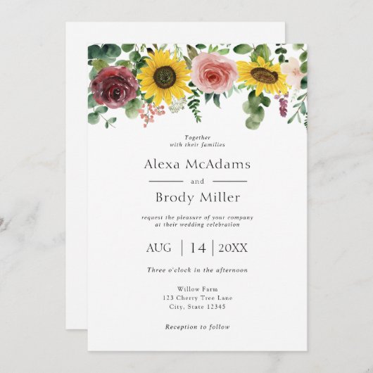 ひまわり素朴とバラ結婚式招待状 (正面/裏面)