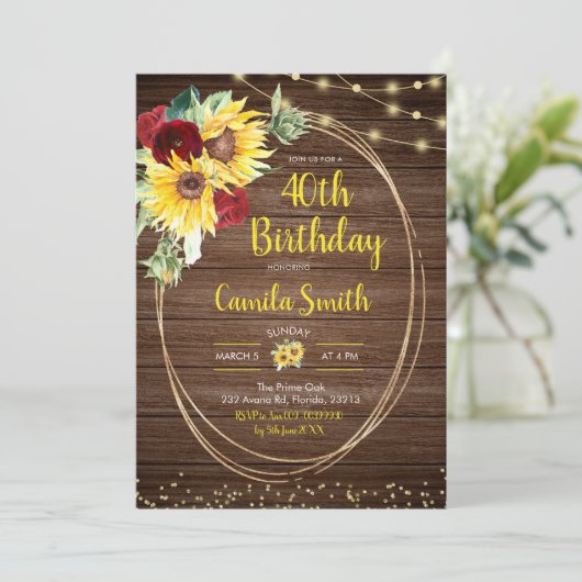 ひまわり素朴とバラ40歳の誕生日の招待状 招待状 (スタンド正面)